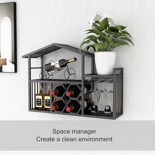 Botellero de metal montado en la pared con luz LED, estantes flotantes para bar y licor con soporte de cristal colgante para el hogar, bar, comedor, cocina, sala de estar