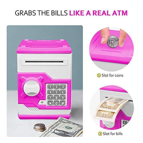 ATM Piggy Bank for Boys Girls, Vcertcpl Mini ATM Coin Bank Money Saving Box with Password, Kids Safe Money Jar for Adults with Auto Grab Bill Slot, Great Gift Toy Bank for Kids (Purple White)