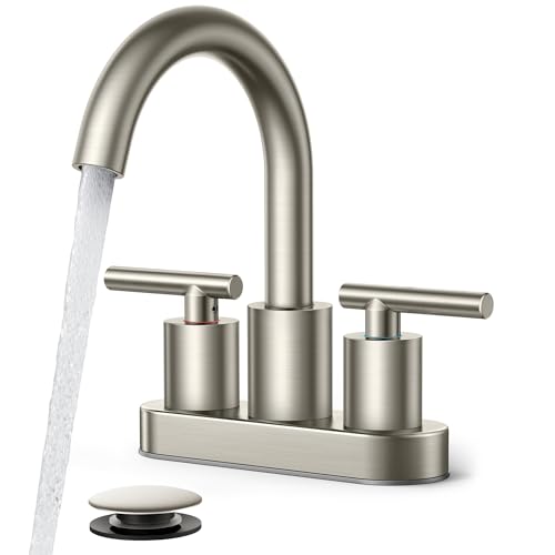 Image of FORIOUS Brushed Nickel Bathroom Faucet 2 Hole, 4 Inch Centerset Bathroom Sink Faucet Brushed Nickel with Pop-up Dain, 24 inch CUPC Hoses, 360 Swivel Gooseneck for RV Basin