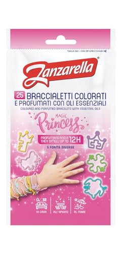 Zanzarella, 25 pulseras antimosquitos Magic Princess 100% de silicona reciclable con repelente de mosquitos a base de aceites naturales, activos hasta 12 horas, con 5 diseños de colores, talla única