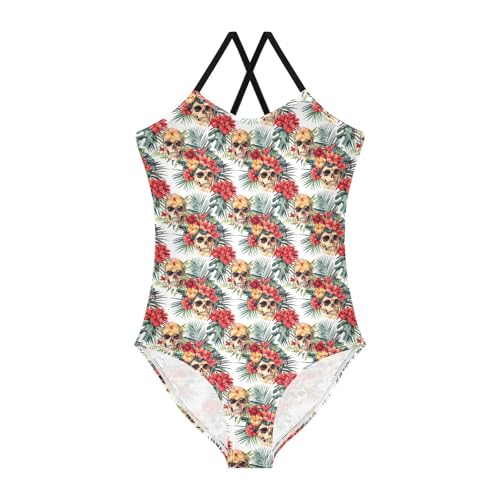 senya Girls Swimsuits One-Piece Swimwear Tie Bathing Suit Beach Summer Round Neck 7-8T Skull Hawaiian Flower Pattern