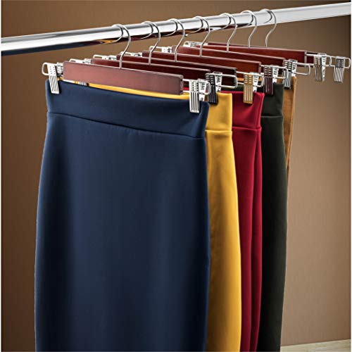 High-Grade Wooden Pants Hangers with Metal Clips Grip Clip Pants Hanger, Smooth Finish Solid Wood Jeans/Skirt Hanger, 360° Swivel Hook - Clip Hanger for Pant, Skirts, Slacks - 10 Pack, Cherry Wood