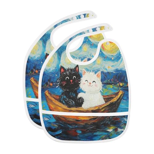 MCHIVER Cats Boat Blue Baby Bibs for tag1 Waterproof Feeding Bib Apron with Food Cather Adjustable Cotton Food Eating Bib 2 Pack