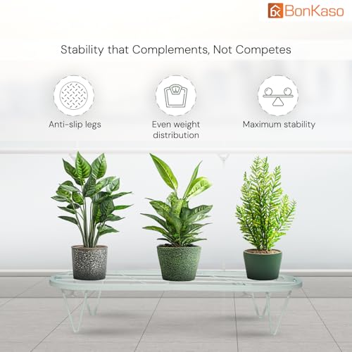Image of BonKaso Heavy Duty Stadium Plant Stand: 60.9X 22.5 x 12.7 cm, White - Set of 4, Modern Design for Indoor & Outdoor Use, Sturdy, Anti-Rust Planter Stand for Garden, Balcony, Patio