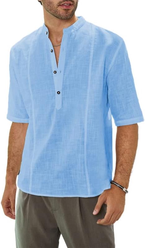 Dokotoo Camisetas casuales de lino de algodón de manga corta para hombre, cuello alto, cuello alto, cuello en V, camisas de playa