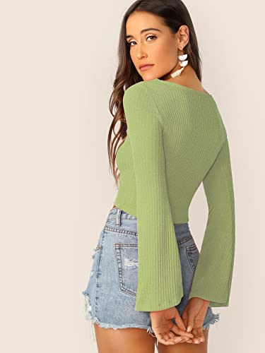 Image of SweatyRocks Women's Adjustable Drawstring String Long Bell Sleeve Rib Knit Sexy Crop Top Light Green M