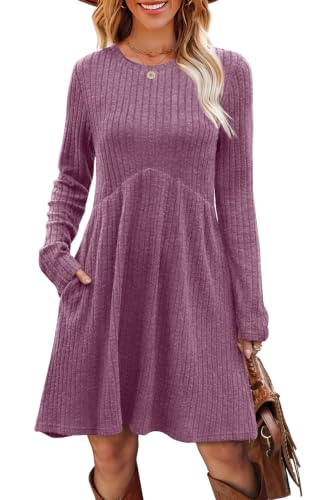 Image of OFEEFAN Long Sleeve Dress for Women Crew Neck Empire Waist Tunic Dress with Pockets