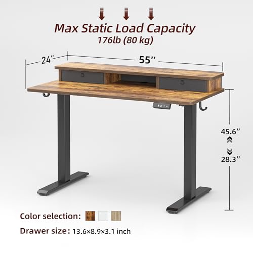 Image of TIQLAB Standing Desk with Two Drawers, Stand Up Standing Desk Adjustable Height, Electric Sit Stand Table with Storage Shelf and Splice Board, 55 * 24 inch, Rustic Brown