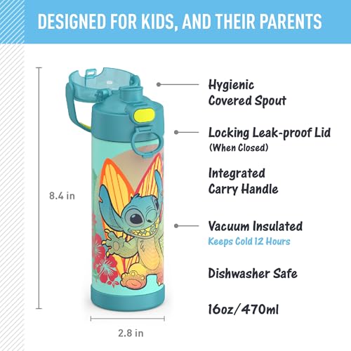 THERMOS FUNTAINER 16 Ounce Stainless Steel Vacuum Insulated Bottle with Wide Spout Lid, Stitch