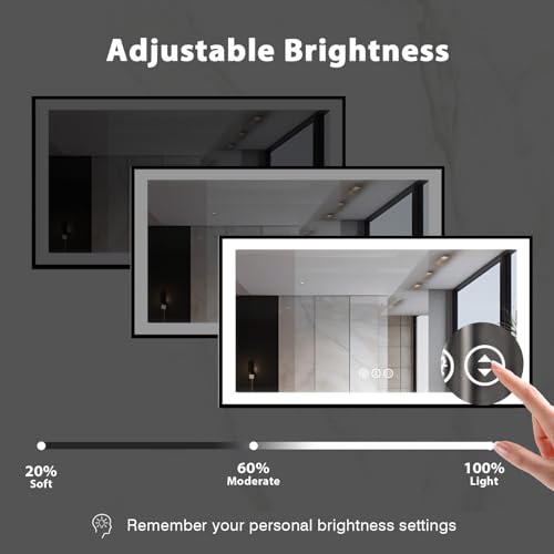 55x30 Light up Bathroom Mirror, LED Vanity Mirror, Black Border, Backlit + Front Lit, 3 Colors Dimmable, Anti-Fog, Shatter-Proof, Touch Control, Anti-Corrosion, Memory (Horizontal/Vertical)