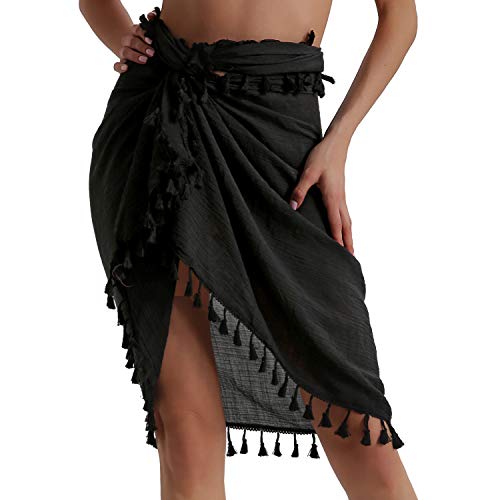 Image of Eicolorte Beach Sarong Pareo Womens Semi-Sheer Swimwear Cover Ups Short Skirt with Tassels