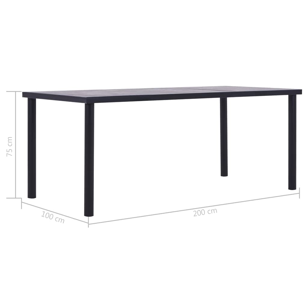 Moderna mesa de comedor negra y gris hormigón 200 x 100 x 75 cm MDF con vetas de madera, marco de metal recubierto de polvo, mesa de comedor estable para comedor, cocina o exterior