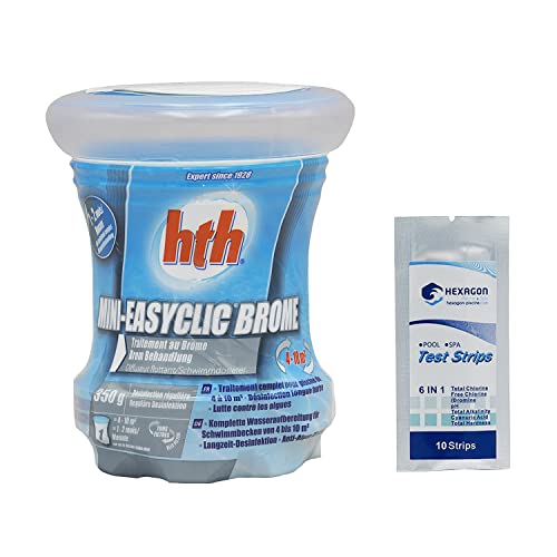 HTH Mini EASYCLIC Brome - Diffuseur Flottant 4-10m3-0,35kg | Brome Lent - Désinfection Régulière Longue Durée - Dissolution Lente + 10 Tests HPS OFFERTS 6 en 1