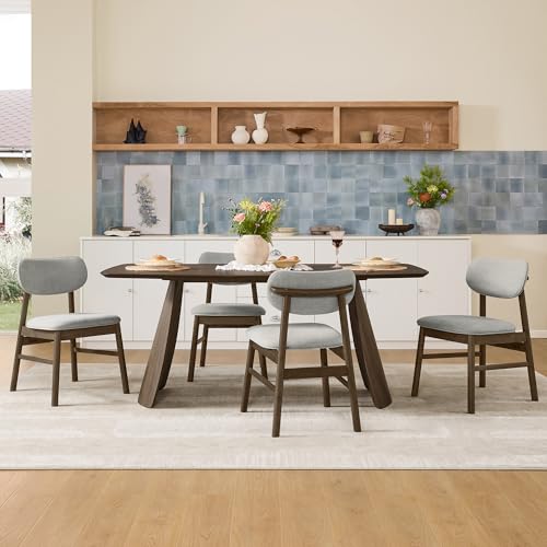 Image of CHITA 71 inch Modern Dining Table for 6, Rectangle Wood Kitchen & Dining Room Table, Solid Rubberwood Frame, Bentwood Legs, Walnut Venner