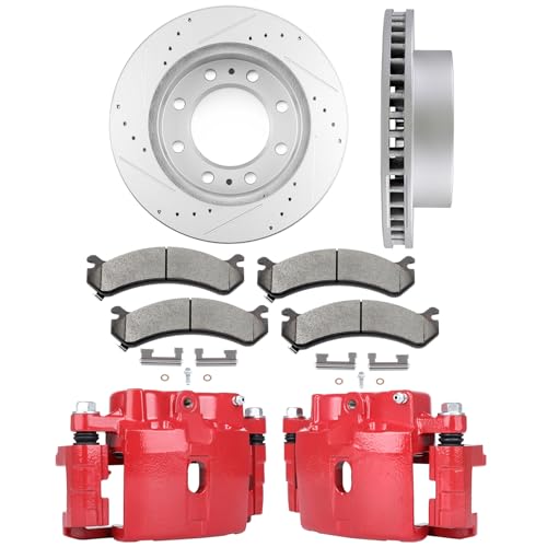 Image of cciyu Front Brake Kits with Calipers - 2 Dics Rotors & 4 Ceramic Pads & 2 Calipers With Bracket fit For Chevy For Express 2500 03-05,For Chevrolet For Tahoe 05-06,For GMC For Savana 2500 03-05(8PCS)
