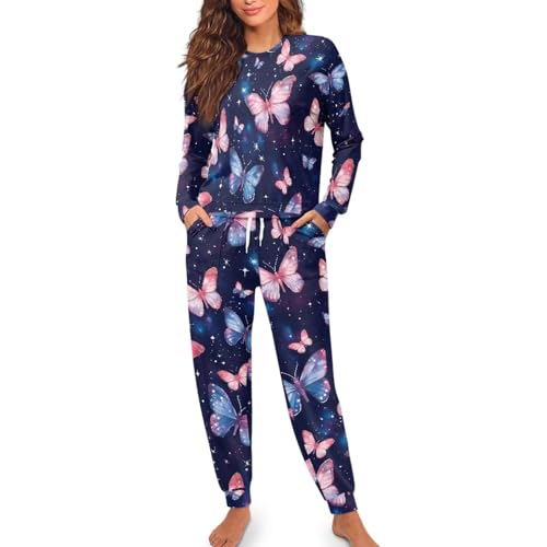 Image of Womens Lounge Set Long Sleeve Soft Pajama Sets Casual 2 Piece Pj Outfit Crewneck Sleepwear with Pockets Plus Size