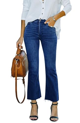 Yewfirm Cropped Flare Jeans for Women Stretchy Mid-Rise Bootcut Crop Kick Flare Jeans with Fray Hem,DarkBlue,US16