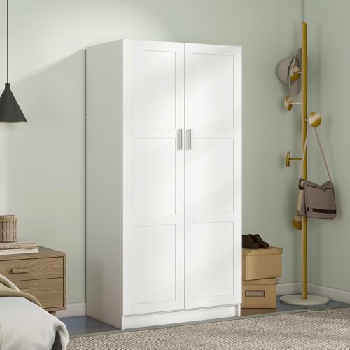 Panana Modern 2 Door Wardrobe Bedroom Armoires Closet Clothing Storage Cupboard with 2 Shelves & Hanging Rod for Bedroom (White) - Image 6