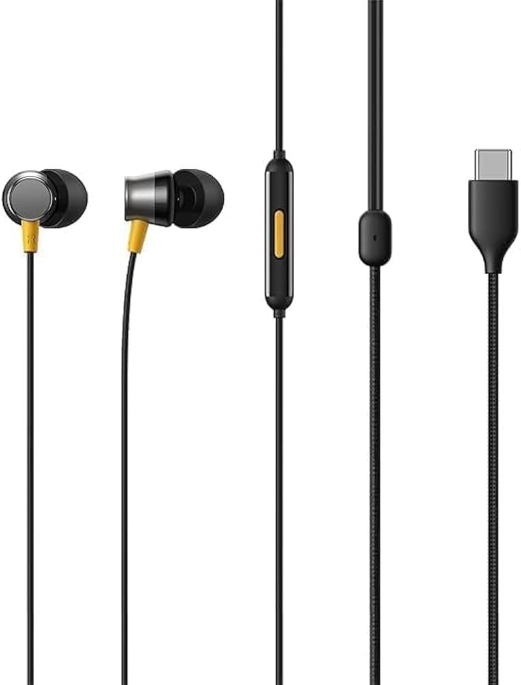 original type-c buds 3 earbuds compatible with realme smartphones moto edge 50 fusion, samsung s23 fe, vivo v30e, oneplus ce nord 4, iqoo neo 7, motorola phones, wired in-ear earbdud (black)