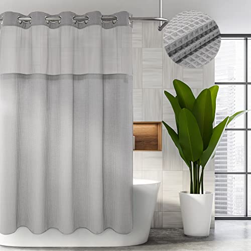 Voguease Cotton Blend Shower Curtain with Snap-in Liner and See-Through Top - Waffle Weave, Heavy Duty, Machine Washable - 71 x 74 inches, Gray