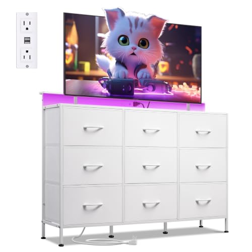 WLIVE White Dresser TV Stand 9 Drawers, Fabric Chest of Drawers LED Lights