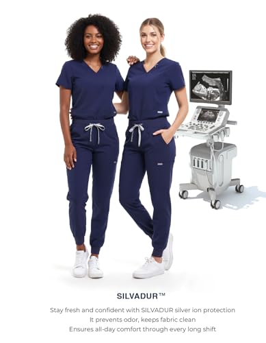 TINYLEMON Women Scrub Top - 3 Pockets V-Neck Slim Fit with Badge Loop Soft Four-Way Stretch Anti-Wrinkle Navy Blue Medium - image 4