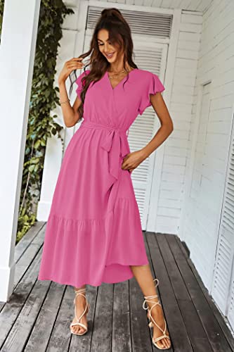 PRETTYGARDEN Women's Summer Floral Boho Maxi Dress Wrap Short Sleeve V Neck Ruffle A-Line Flowy Wedding Guest Long Dresses