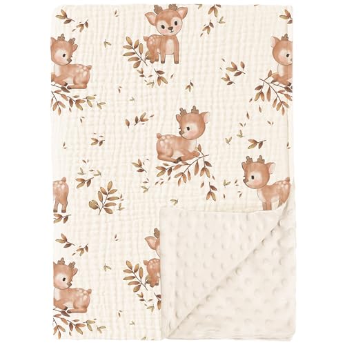 Image of Konssy Baby Blankets for Unisex Boys Girls, Super Soft Nursery Minky Blankets with Muslin Cotton Front and Dotted Fleece Backing, Printed Bed Throws Newborn