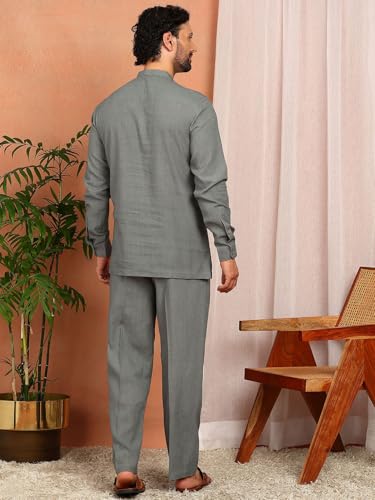 Image of See Designs Men's Full Sleeve Mandarin Collar Linen Solid Pathani Set