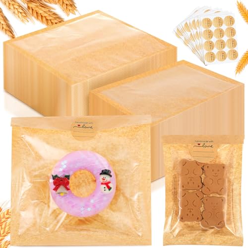 Outus 100 Pcs Heat Sealable Cookie Bags with Window 7.1 x 7.5 Inch, 4 x 6 Inch Grease Resistant Kraft Bakery Pastry Bags with Stickers for Packaging Donut Bread Cookie Goods Sandwich Baked Treat