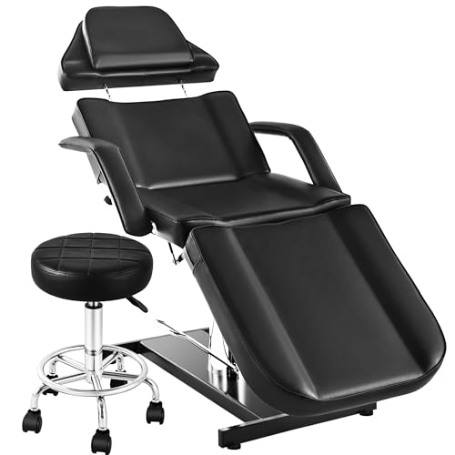 KIIUMI Facial Tattoo Chair for Client, Hydraulic Esthetician Lash Bed with Rolling Stool, 360° Swivel Adjustable Headrest Tattoo Artist Massage Table Beauty Salon Spa Equipment, Black
