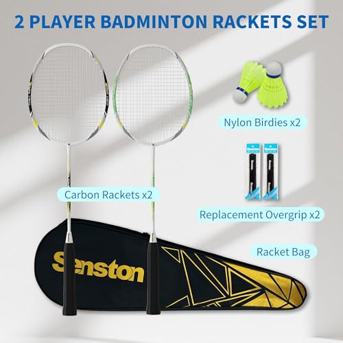 Image of Senston 2 Badminton Rackets with Carry Bag | Lightweight Graphite for Adults & Teens | Includes 2 Shuttlecocks & 2 Grips | Perfect for Family, Beginners & Outdoor Games (Black+Green)