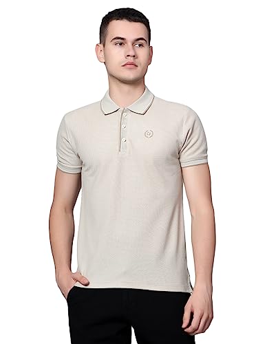 Image of Cantabil Beige Regular Fit Solid Polo Neck Half Sleeve Casual T-Shirt for Men | Half Sleeves Polo Neck T-Shirts for Men | Mens Polo Neck Solid T-Shirt (P MTSH00242)