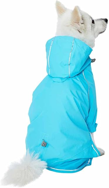 Amazon Brand - Umi 38cm Lightweight Reflective Dog Raincoat with Hood & Harness Hole, Blue, Outdoor Rain Gear Jacket 2 Legs for Dogs
