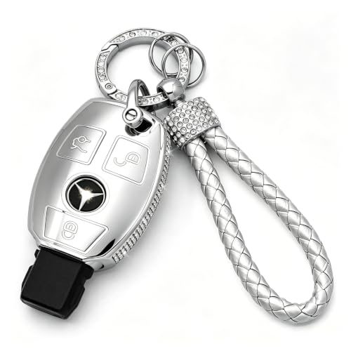 Image of Creativity for Mercedes Benz key cover and keychian (Grey Combination) | TPU key box with Rhinestones is compatible with CLS CLK AMG ML C CL E S SL SLK G GLC GLE GLS M R Smart Remote Key