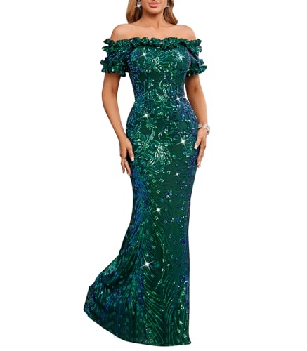 Image of dasmzper Women Sexy Sequin Off Shoulder Ruffle Short Sleeve Bodycon Mermaid Party Formal Evening Maxi Dress