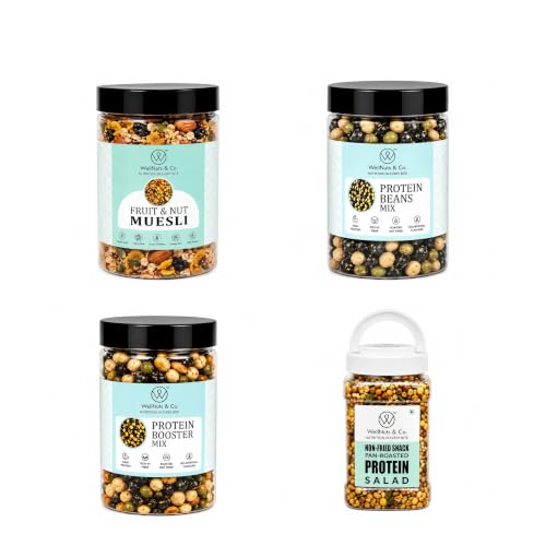 Image of WellNuts & Co. Healthy Snack Combo Pack of 4 |Fruit Nut Meusli - 200g, Protein Beans - 200g, Protein Booster - 200g, Protein Salad - 425g| Roasted & Ready to Eat Snacks | High Protein & High Fiber Combo | Snacks for Healthy Everyday