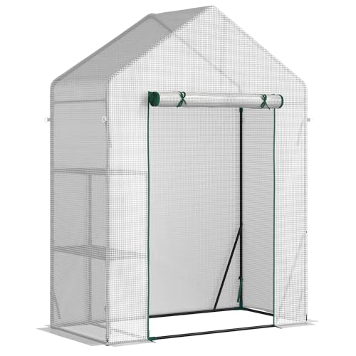 Outsunny Walk In Greenhouse with 2 Tier Shelf, Portable Gardening Plant Grow House Tomato Greenhouse with Roll up Zip Panel Door, Reinforced PE Cover, 143 x 73 x 195cm, Green
