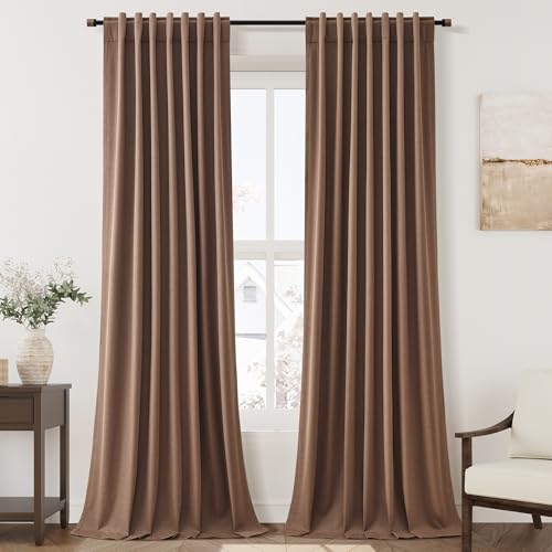 Image of Nanspring Caramel Brown 100% Blackout Linen Curtains for Bedroom 90 Inches Long Back Tab Rod Pocket Thermal Insulated Vintage Rustic Black Out Curtain for Living Room Office Drapes 52x90, 2 Panels