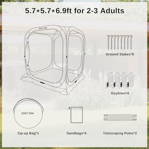 East Oak Screen House Tent Pop-Up, Portable Screen Room Canopy Instant Screen Tent 6 x 6 FT with Carry Bag for Patio, Backyard, Deck & Outdoor Activities, Brown