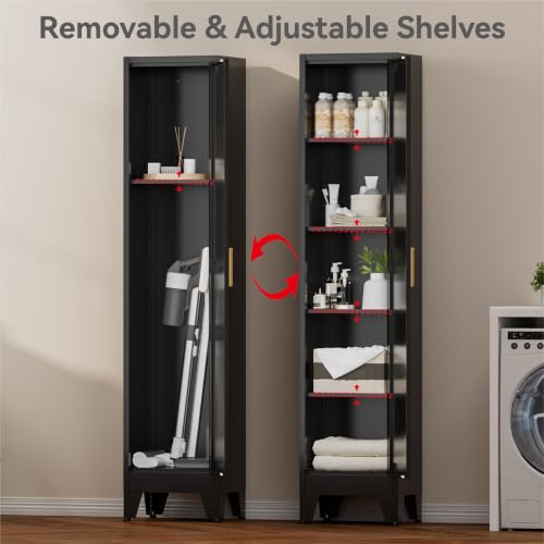Image of Bevivog 67 inch Slim Storage Cabinet, Narrow Metal Broom Closet for Laundry Room Bathroom, Tall Slim Pantry Cabinets for Small Space