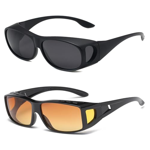 AYNKH 2PCS Nachtbrille Zum Autofahren,Blackout-Sonnenbrille, Night Outdoor Riding Glasses,Polarisierte Anti-Glare-Fahrerbrille, Gelbe Gläser für Nacht, Regen und Nebel,Schwarze Sonnenbrille, Unisex.