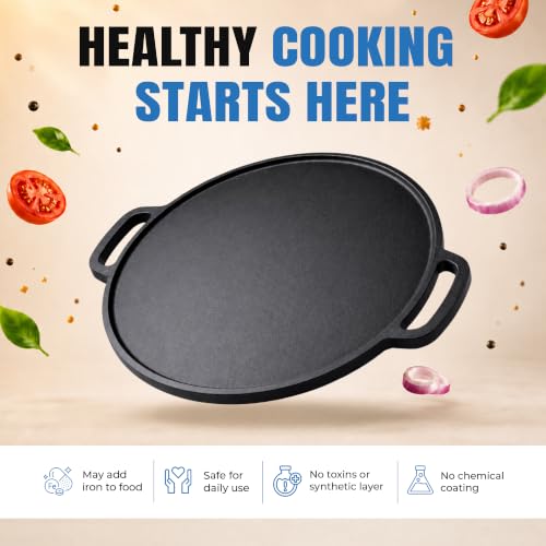 Image of DOCAT Cast Iron Dosa Tawa 30 cm | Pre-Seasoned Iron Tawa for Dosa, Roti, Chapati & Paratha | 8 mm Heavy Duty, Gas, Induction, Electric & OTG Friendly | 100% Pure & Toxin-Free, No Chemical Coating