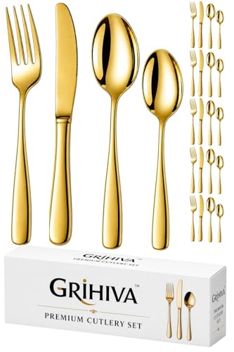 Image of 24 Pcs Gold Mirror Polish Stainless Steel Cutlery Set for Dining Table with Spoons and Forks Set + Butterknives - The Perfect Tableware /Flatware