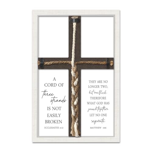 TQianJiang A Cord of Three Strands Wedding Ceremony Wall Decor Rustic Unity Sign Wood Framed 15X10 Ecclesiastes 4:12 & Matthew 19:6 for Modern Farmhouse Couple Marriage cross Braid Prayer (White)