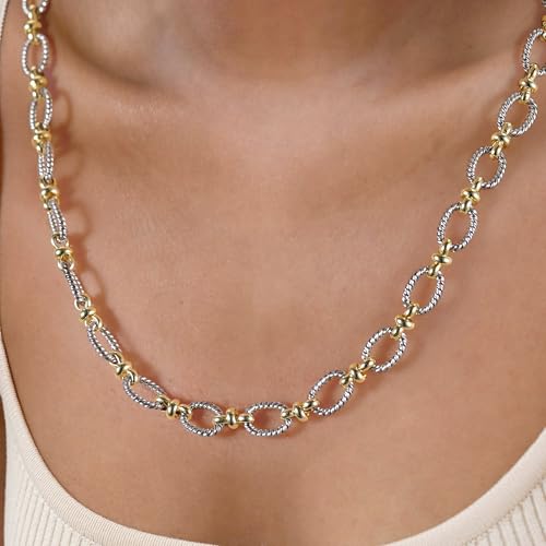 Two-Tone Cable Chain Necklace - Designer Inspired Twisted Rope Oval Link Statement Necklace, Gold Silver Plated Fashion Necklace for Women3