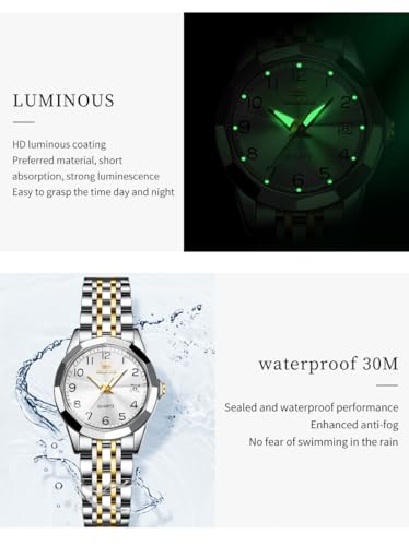 Image of OLEVS Womens Watch Classic Dress Number Female Watches for Ladies Analog Quartz Stainless Steel Waterproof Luminous Day Date Two Tone Easy to Read Wristwatch