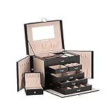 Smileshe Large Jewelry Box, PU Leather Lockable Storage Case with Mirror and Portable Travel Case, Removable Huge Display Organizer Boxes with 4 Drawers for Rings, Earrings, Necklaces, Bracelets, Watches