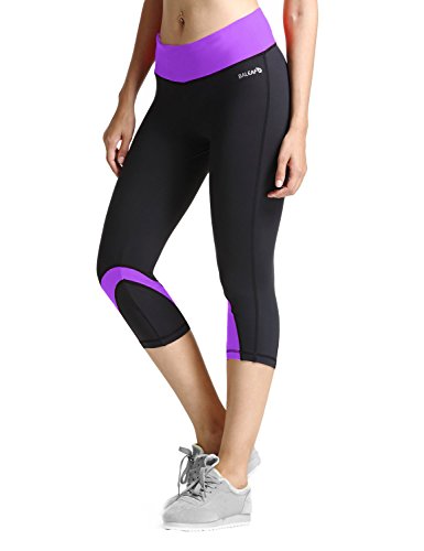 BALEAF Women's Yoga Capri Workout Leggings Running Pants Tights Hidden Pocket Purple Size M