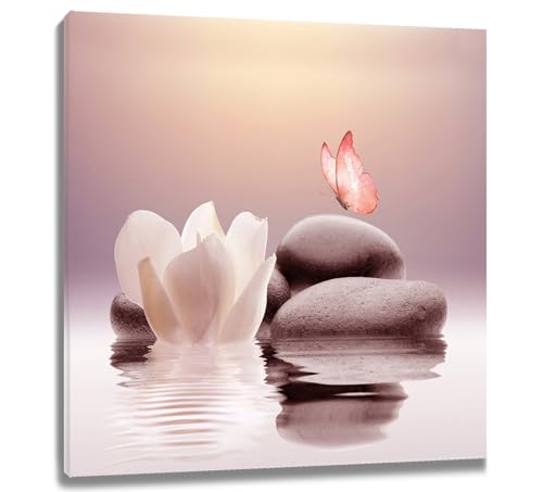 EOBTAIN Lienzo decorativo para pared con diseño de spa Zen, diseño de lirio de agua rosa en el lago, arte cuadrado para baño, sala de estar, dormitorio, yoga espiritual, cuadro enmarcado, 30,5 x 30,5